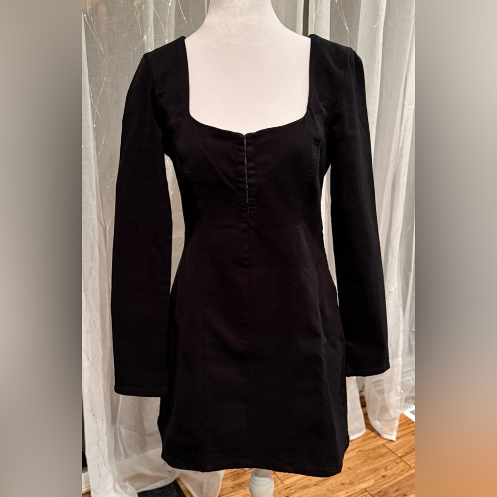 Zara Denim Mini Dress Black Long Sleeves Front‎ Hook Square Neck Sz M